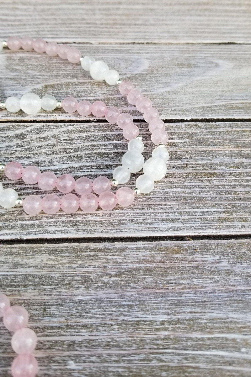 Rose Quartz & Selenite Healing Mala Necklace - 108 Beads of Harmony | Brahmatells - BrahmatellsStore