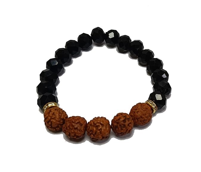 Rudraksha & Black Obsidian Diamond Cut Bracelet - 8mm Beads - BrahmatellsStore