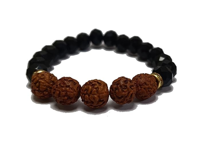 Rudraksha & Black Obsidian Diamond Cut Bracelet - 8mm Beads - BrahmatellsStore