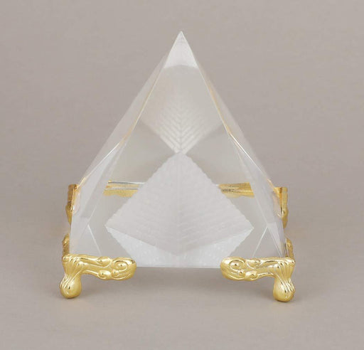Shubharambh Crystal Glass Pyramid on Golden Stand for Positive Energy, Good Luck . - BrahmatellsStore