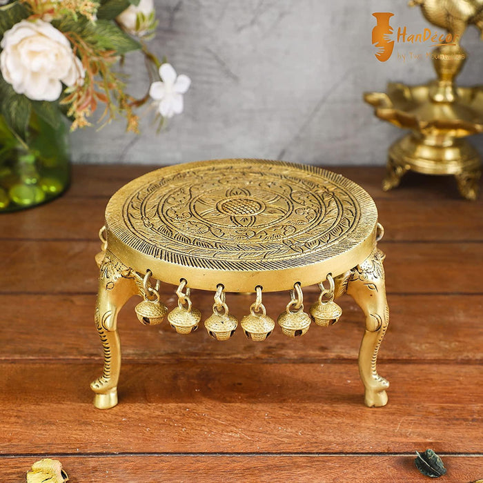 Two Moustaches Elephant Pillar Design Handcrafted Brass Pooja Chowki with Bells, Antique Yellow - BrahmatellsStore