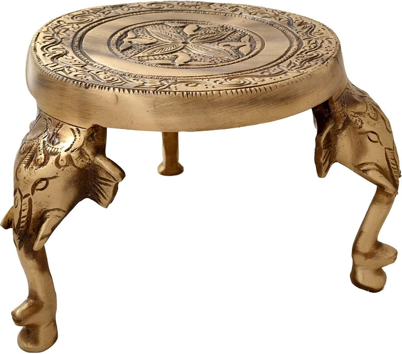 Two Moustaches Elephant Pillars Design Brass Pooja Chowki, Standard, Brown - BrahmatellsStore